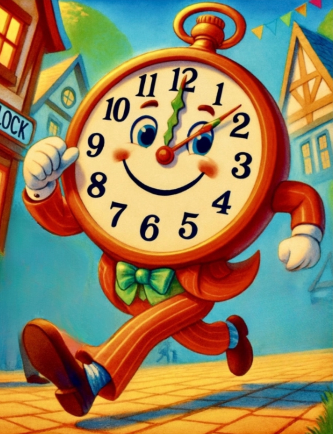 Mr. Clock running through the village — never a minute to waste